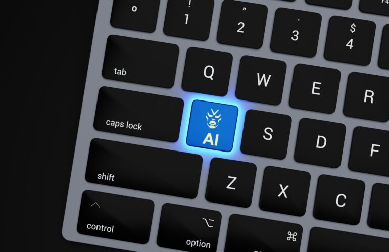 a close up of a keyboard with a blue button